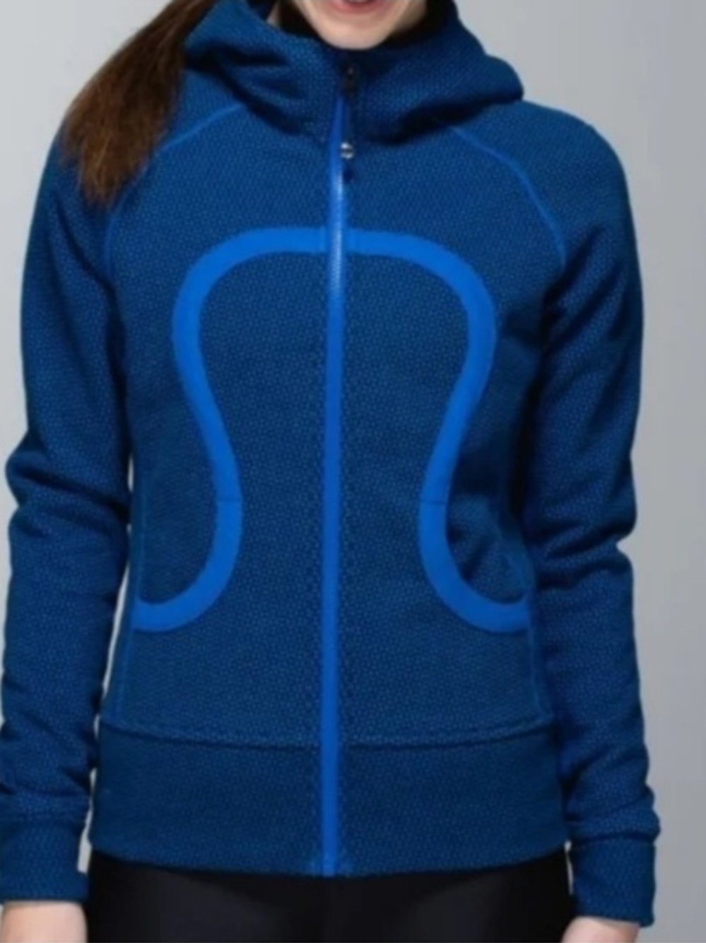 Lululemon Scuba Jacket in blue with darker blue Lululemon logo, size 2